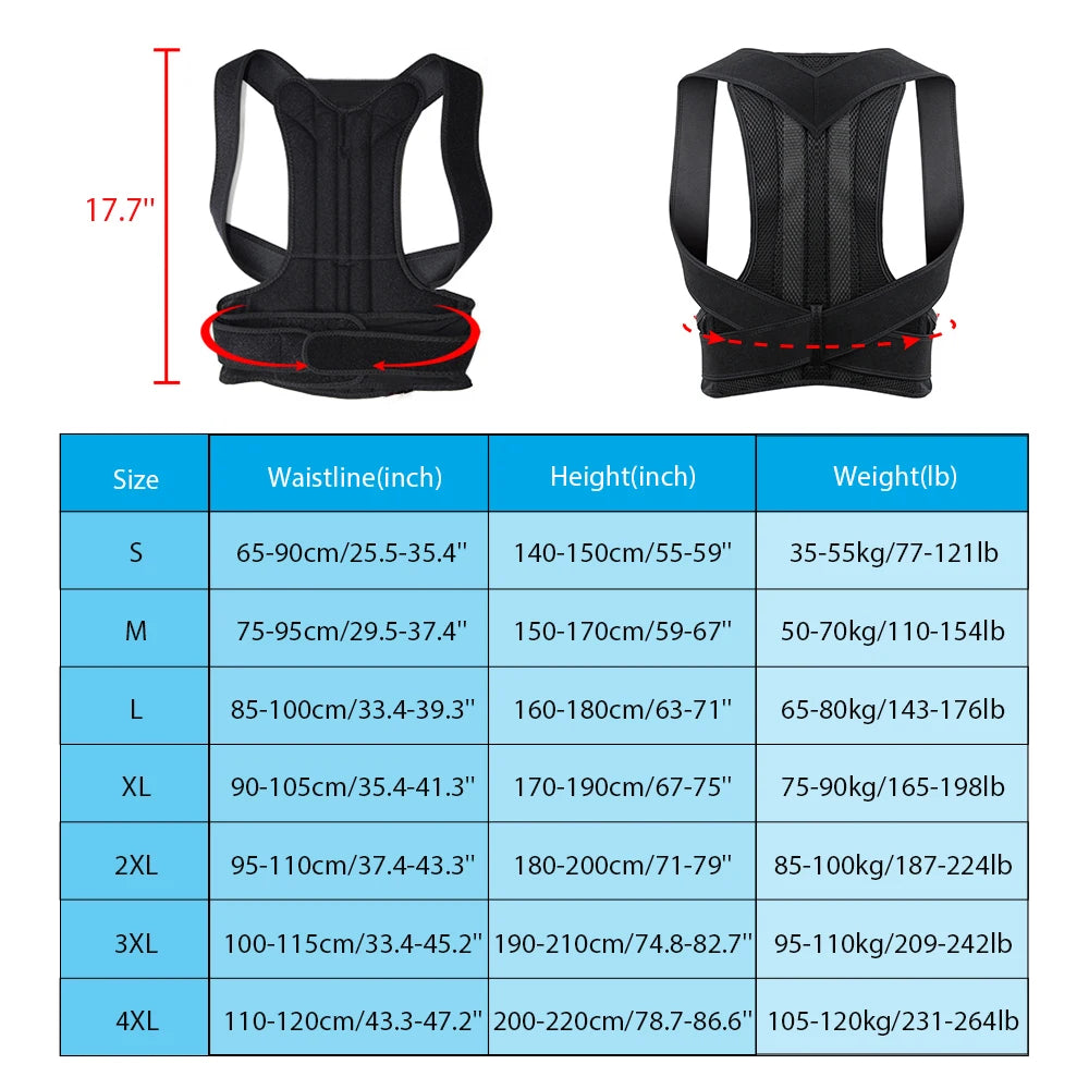 Size guide for Adjustable  Back Brace Posture Corrector for Women & Men
